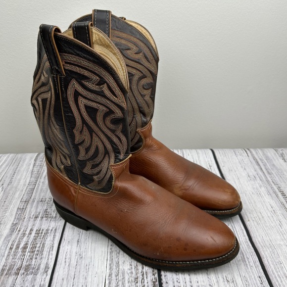 VTG Justin Mens Cowboy Boots 10.5 D Roper Smooth Brown Western Tekno 3371 Round - Picture 1 of 14